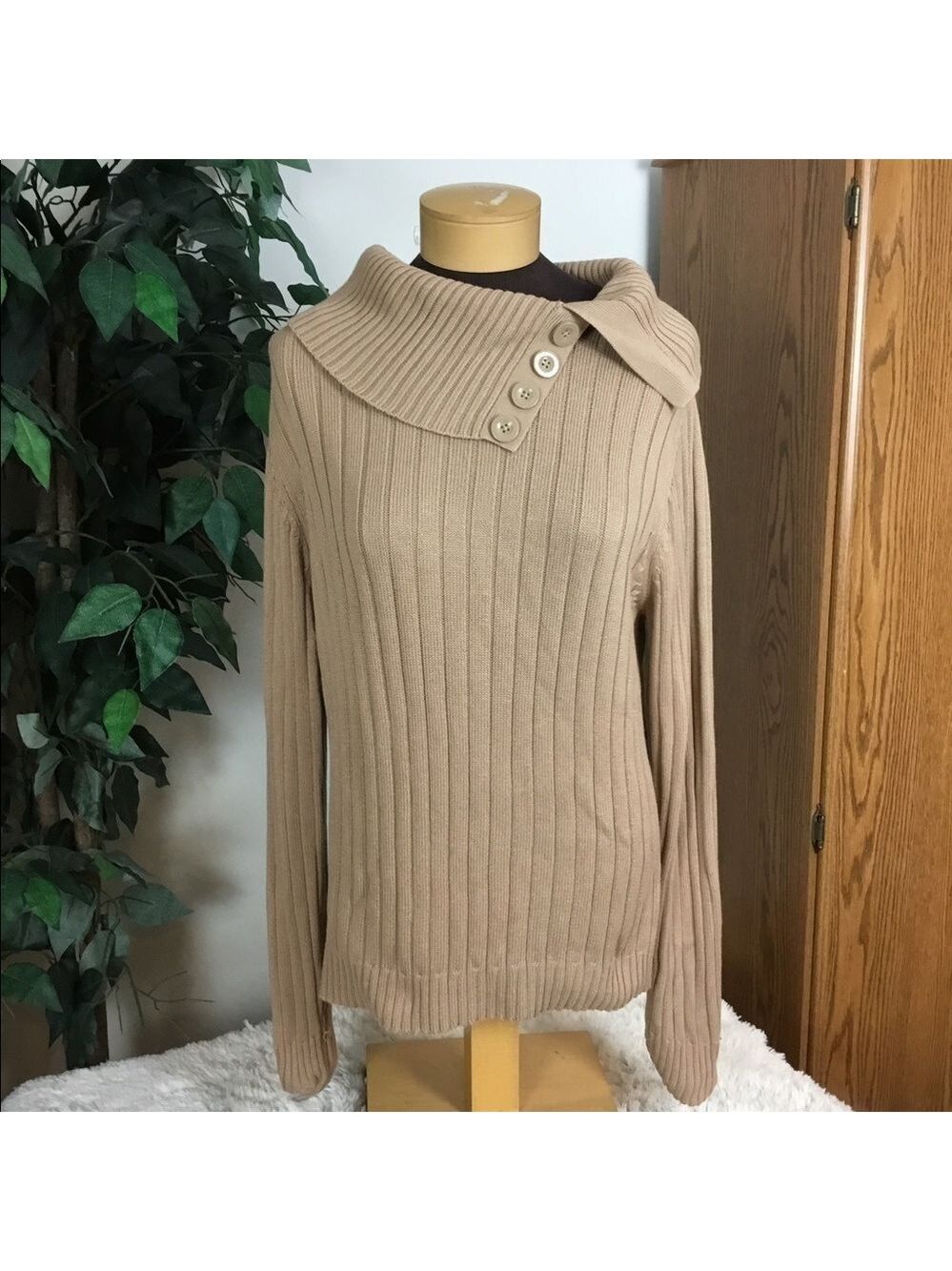 Studio Works Large split neck tan heavier weight sweater